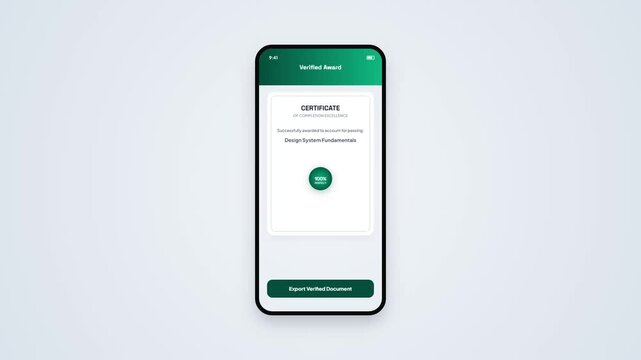 Mobile Application UI Animation Displaying Verified Certificate Award Document with Success Stamp and Export Button