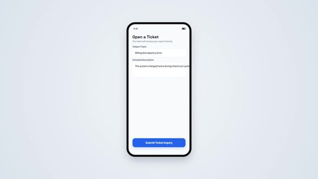 Open a Ticket Helpdesk Form Layout with Billing Discrepancy Error Description Input and Submit Button on Mobile Screen