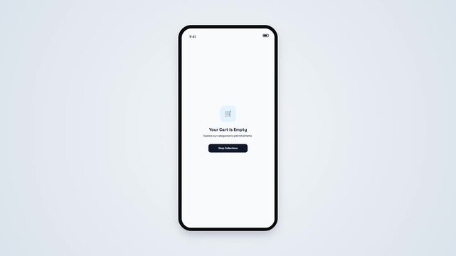 Your Cart is Empty E-Commerce App Interface on Mobile Screen with Shopping Trolley Icon and Shop Collection Call to Action Button Presentation