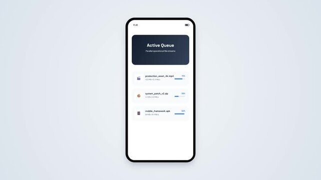 Active Queue Dashboard Interface on Mobile Phone Screen for Parallel Operational File Download Progress and System Installation Stream Presentation