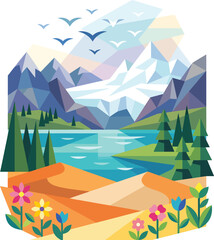 Fototapeta premium Vibrant low-poly mountain landscape with flying birds over lake. Geometric nature scene featuring stylized trees, water, and abstract terrain design.
