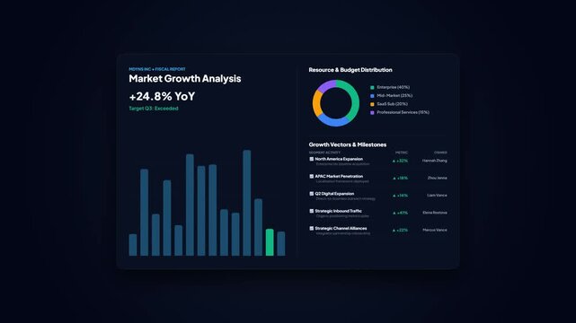 Corporate Market Growth Analysis Dashboard Displaying Financial YoY Performance Charts in Dark UI Layout