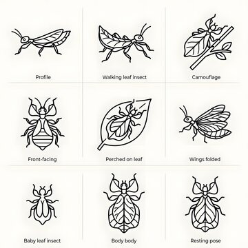 Set of leaf insect and stick insect outline icons