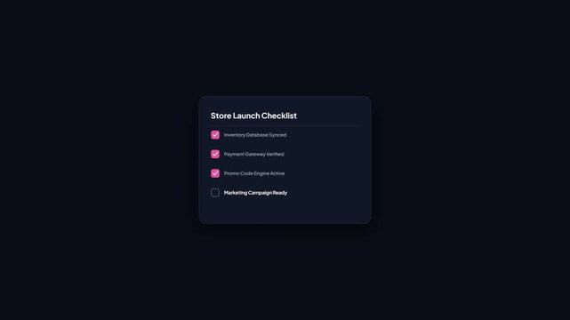 Ecommerce Store Launch Checklist Completion to Storefront Is Now Live UI Animation Dark Mode