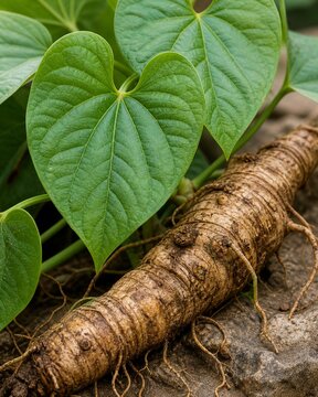 Close-up of a kava plant's heart-shaped leaves and textured root.