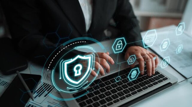 Modern Cybersecurity Concept with Digital Shield Symbol and Business Professional Using Laptop for Online Protection and Data Security. Entropy.