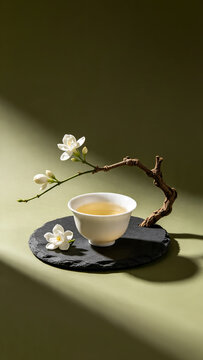 Minimalist jasmine green tea in white ceramic cup vertical composition perfect for mobile wellness application and social media marketing stories.