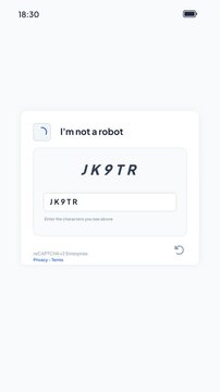 Alphanumeric Captcha Challenge Form Verification Success Screen on Mobile Light Mode Application Interface
