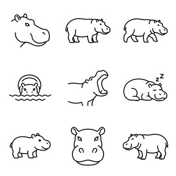 Set of cute hippopotamus icons in simple line art style