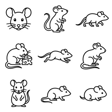 Set of cute little mouse icons in simple line art style