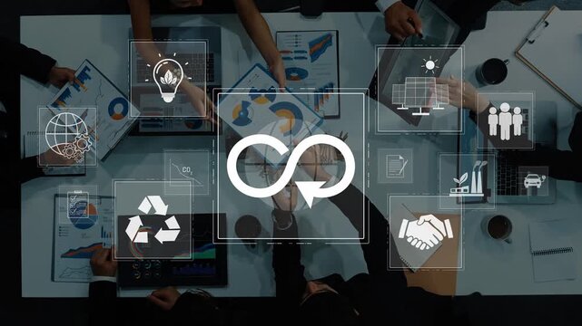 Aerial view of business team collaborating over charts and graphs, showcasing teamwork and data analysis in a modern office environment filled with innovation. Raster