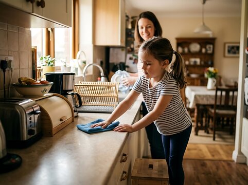 Young girl helping her mother with daily household chores by cleaning and wiping the kitchen counter in a cozy family home