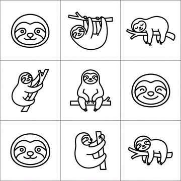 Set of cute sloth icons in black and white line art style