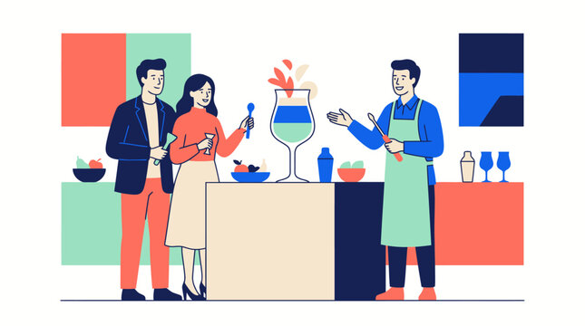 Flat vector of couple at bar with bartender serving large cocktail
