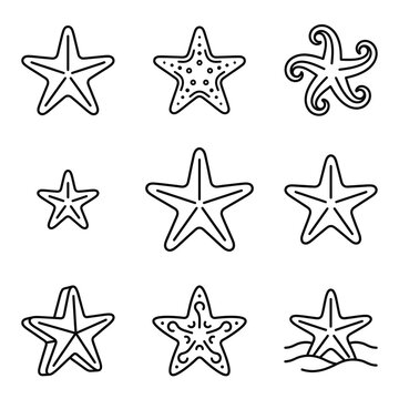 Set of simple starfish icons in black outline style