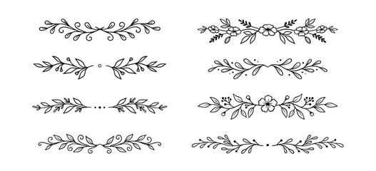 Fototapeta premium Line floral ornament leaf set. Hand drawn line floral ornament border vine doodle flower frame decor. Laurel olive divider flourish wreath botanical wedding garden vintage. Vector illustration