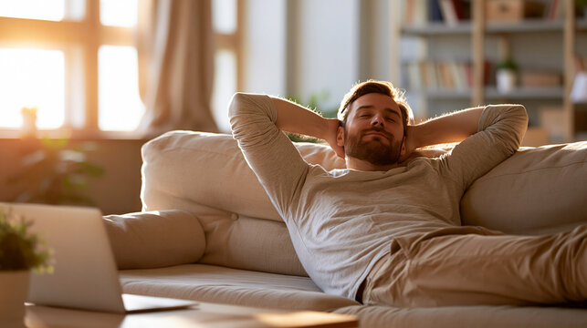 Peaceful Man Resting on Sofa near Laptop with Golden Sunlight in Modern Home