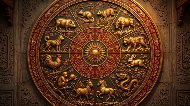 Intricate golden relief carving of the twelve Chinese zodiac animals arranged in a circular wheel on a decorative wall background
