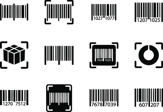 Barcode scanner icons set product identification package box labels retail technology data scanning.