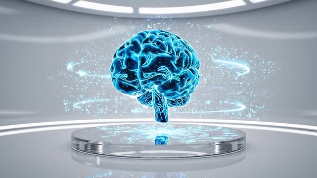 A glowing blue digital human brain floating above a circular platform in a futuristic laboratory setting.