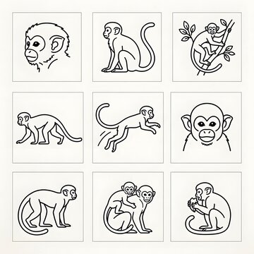 Set of cute monkey animal icons in simple line art style