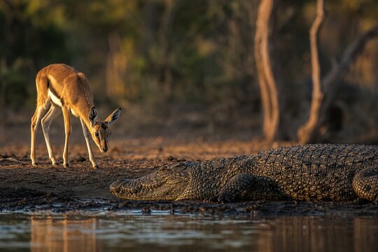 Young gazelle cautiously approaching a crocodile on riverbank in golden hour light.