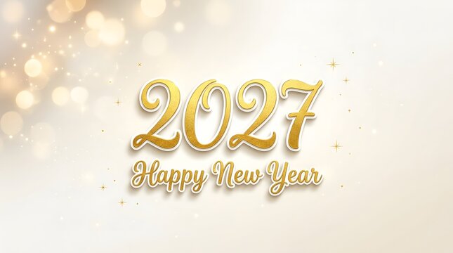 Minimalist and elegant Happy New Year 2027 horizontal background with soft golden bokeh light particles, subtle glitter, and 3D gold typography.