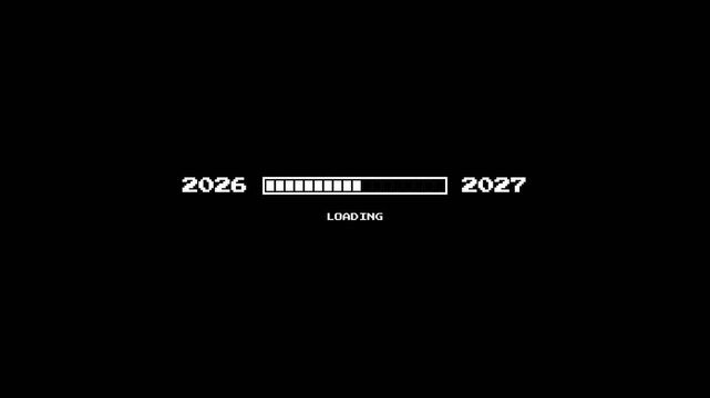 Pixel art loading bar transitioning from year 2026 to 2027. 4K Video