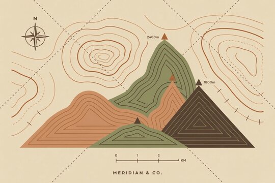 Topographic map showing mountain peaks, elevation contour lines, a compass rose, and a distance scale on a vintage paper background