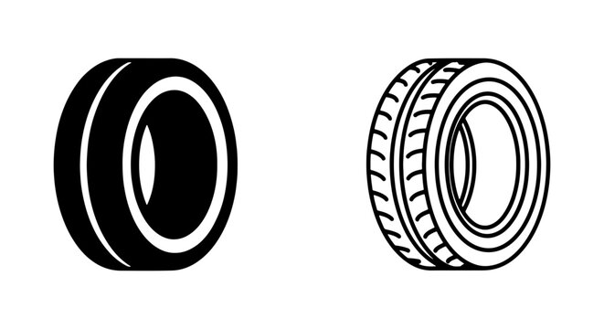Two Black and White Tire Icons: Solid Rubber and Treaded Vehicle Wheel Vector Graphics, Automotive Parts and Transportation Symbols