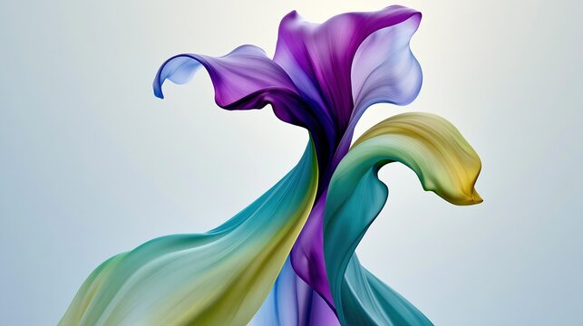 Abstract flowing flower shaped organic design with gradient purple teal and yellow silky-smooth colors, modern minimalist art
