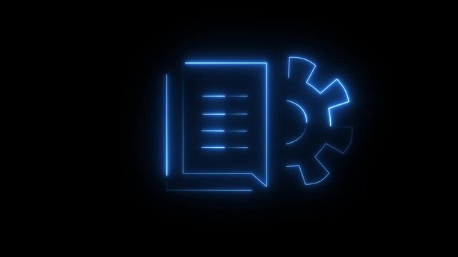 Neon line Document settings with gears icon isolated on black background. Software update, transfer protocol, teamwork tool management. 4k Animation .