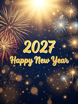 Golden Happy New Year 2027 vertical card background with bright bursting fireworks, sparkling light particles, and elegant golden typography.