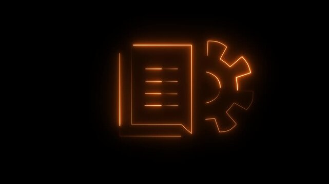 Neon line Document settings with gears icon isolated on black background. Software update, transfer protocol, teamwork tool management. 4k Animation .