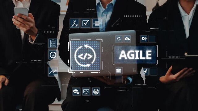 Group of business professionals actively discussing agile software development concepts, showcasing laptops and digital icons in a collaborative office environment. Raster