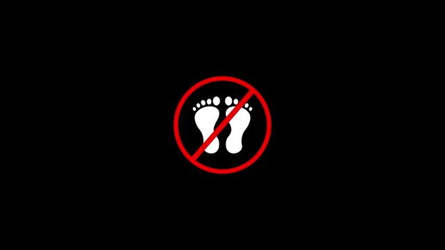 a flat-style vector icon of a black human footprint silhouette inside a red prohibition circle and diagonal slash, no background, using only white and red colors. 4k animation