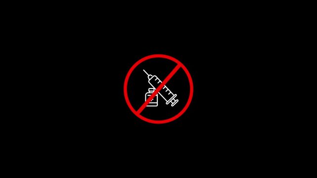 Say No Drugs Syringes Prohibited Sign with Red Cross Injection Forbidden animation. 4k animation on black background 