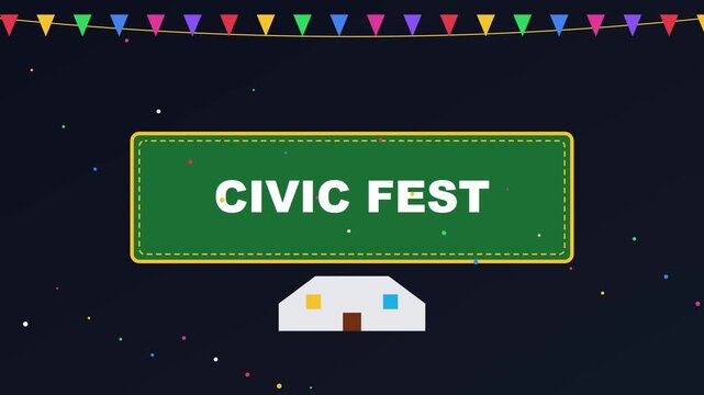 Civic fest motion 4k background, with colorful bunting, and confetti celebration, animation motion bunting