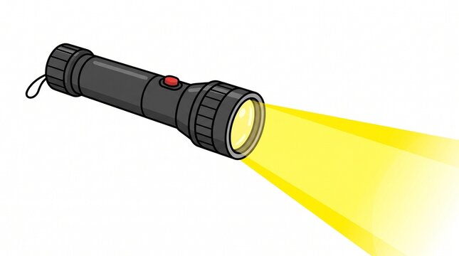 Bright yellow flashlight casting focused beam in darkness. Portable LED torch illuminating path for safety and visibility.