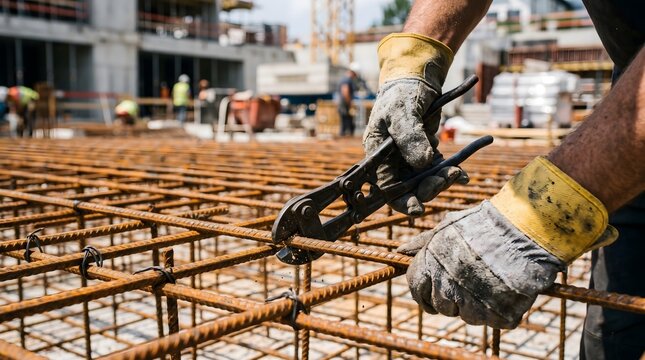 Construction worker cutting rebar with bolt cutters on a building site