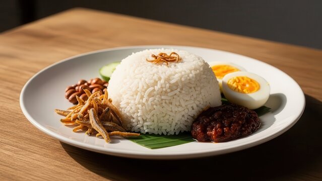Delectable Nasi Lemak Dish with Coconut Rice, Anchovies, and Sambal