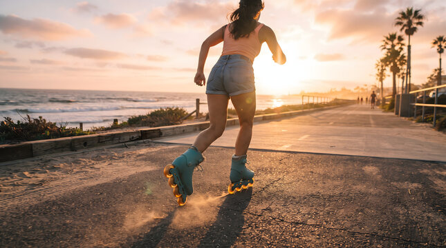 Back view of a young woman inline skating on a coastal path during a golden sunset with palm trees and ocean views