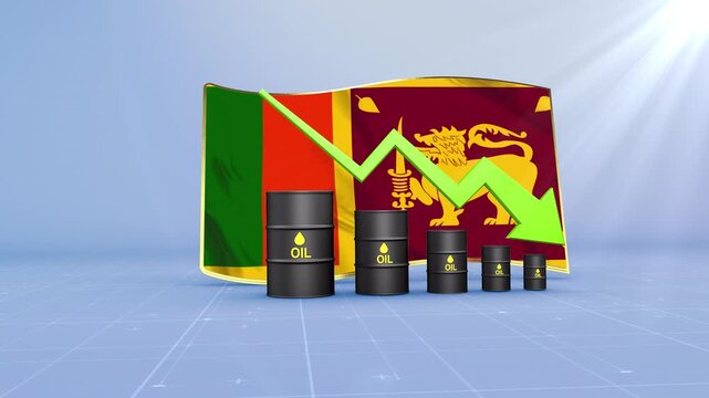 Sri Lanka Oil Price Falling with Oil Barrels Downward Green Arrow and 3D Financial Data Visualization Graphs for Economy and Business Concept