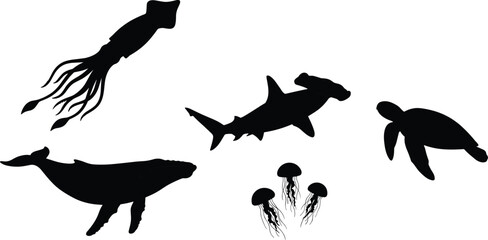 Set of marine animal silhouettes featuring whale hammerhead shark giant squid and sea turtle for ocean branding