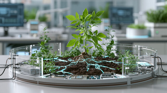 Modern Plant Science Experiment with Seedling and Automated Monitoring Equipment
