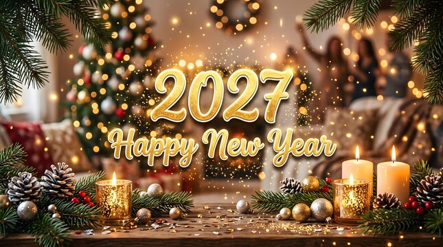 Warm and cozy Happy New Year 2027 horizontal background with glowing candles, decorated Christmas tree lights, and warm holiday ambiance.