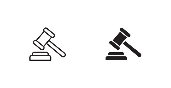 Legal gavel icons in outline and solid styles representing justice and court proceedings.