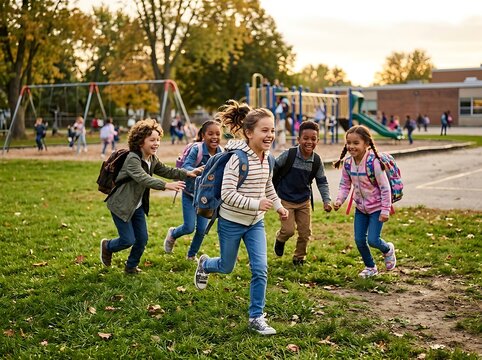 Diverse group of happy young elementary school students running and playing together outdoors on the school playground after class