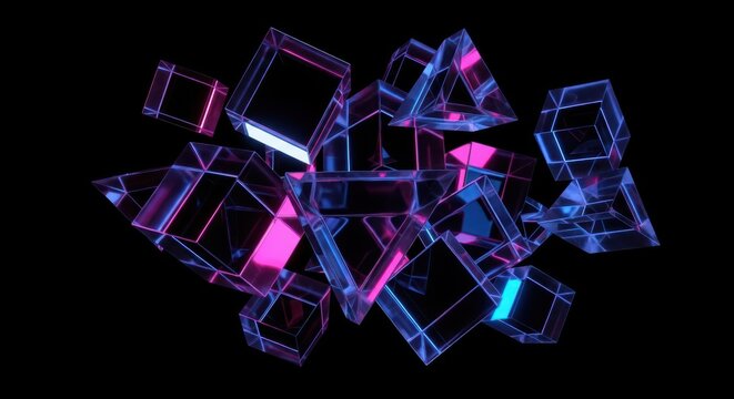 Transparent glass cubes and prisms float in a pitch-black void, illuminated by neon rose and blue lights reflecting off polished edges, glowing, reflection, clarity