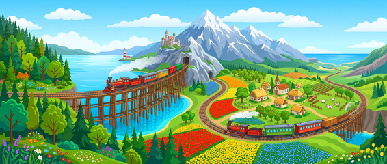 Obraz premium Cartoon Steam Train Valley Railway Countryside Landscape Wallpaper 
